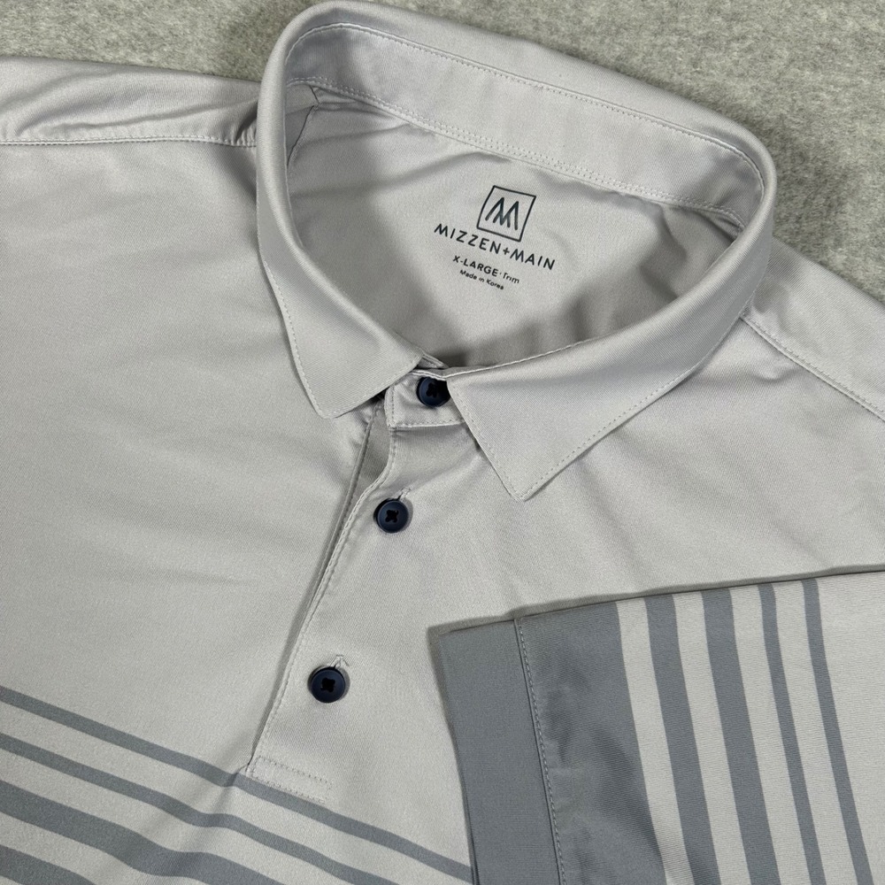 Mizzen+Main Versa Polo Shirt Mens XL Trim Gray Blue Striped Short Sleeve‎ Golf